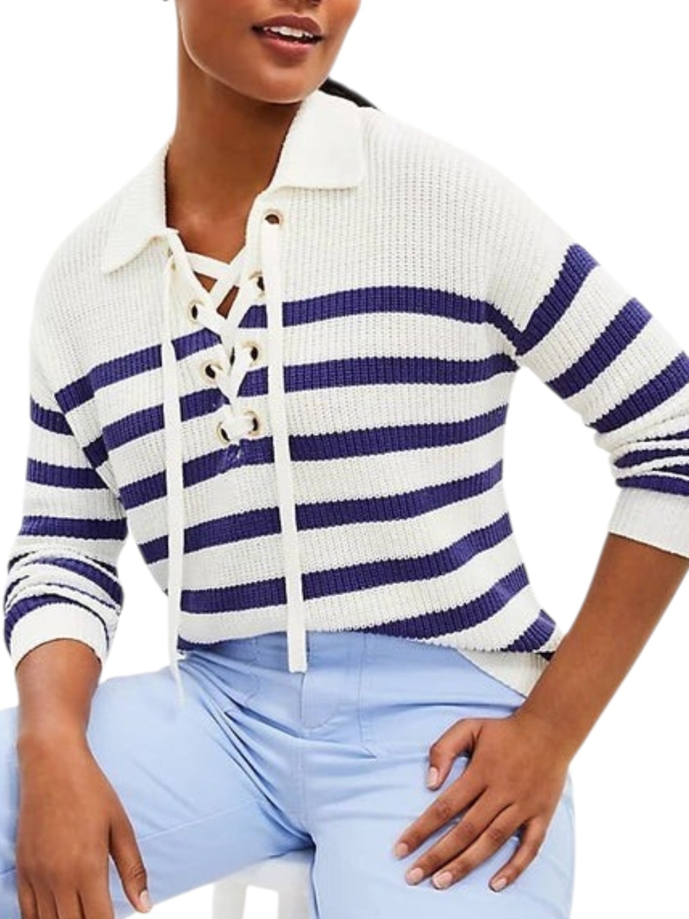Loft | Striped Lace-Up Polo Sweater Top Ivory Blue Ribbed Collar Nautical